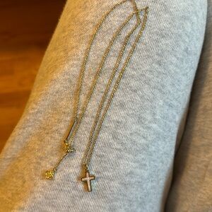 Cross Gold Pendant Necklace in White Kyocera Opal